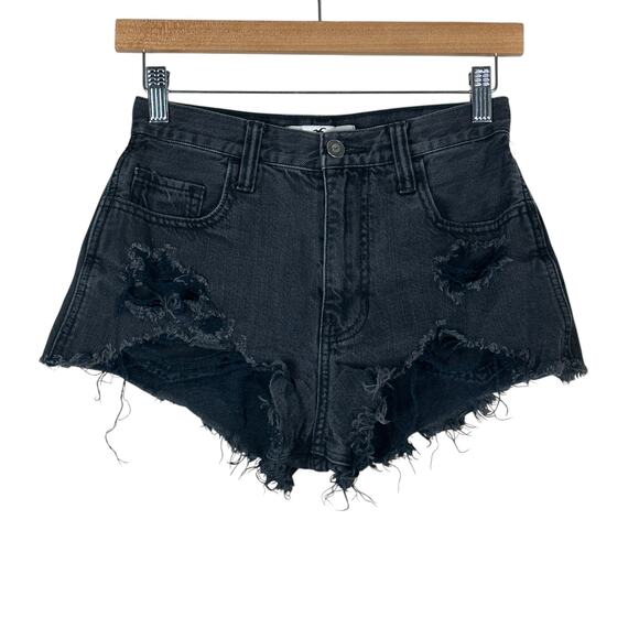 Hollister Denim Shorts Womens 0 Black Distressed High Waisted Y2K Grunge Punk - Picture 1 of 5